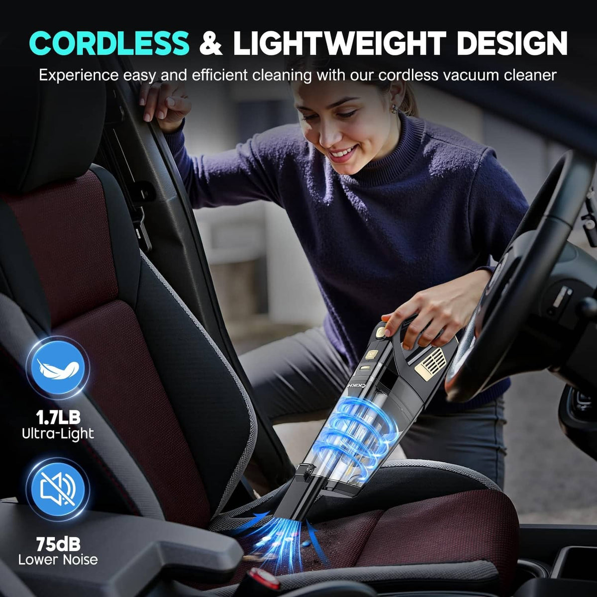 Black cordless handheld vacuum cleaning a car seat with nozzle and blue suction lights