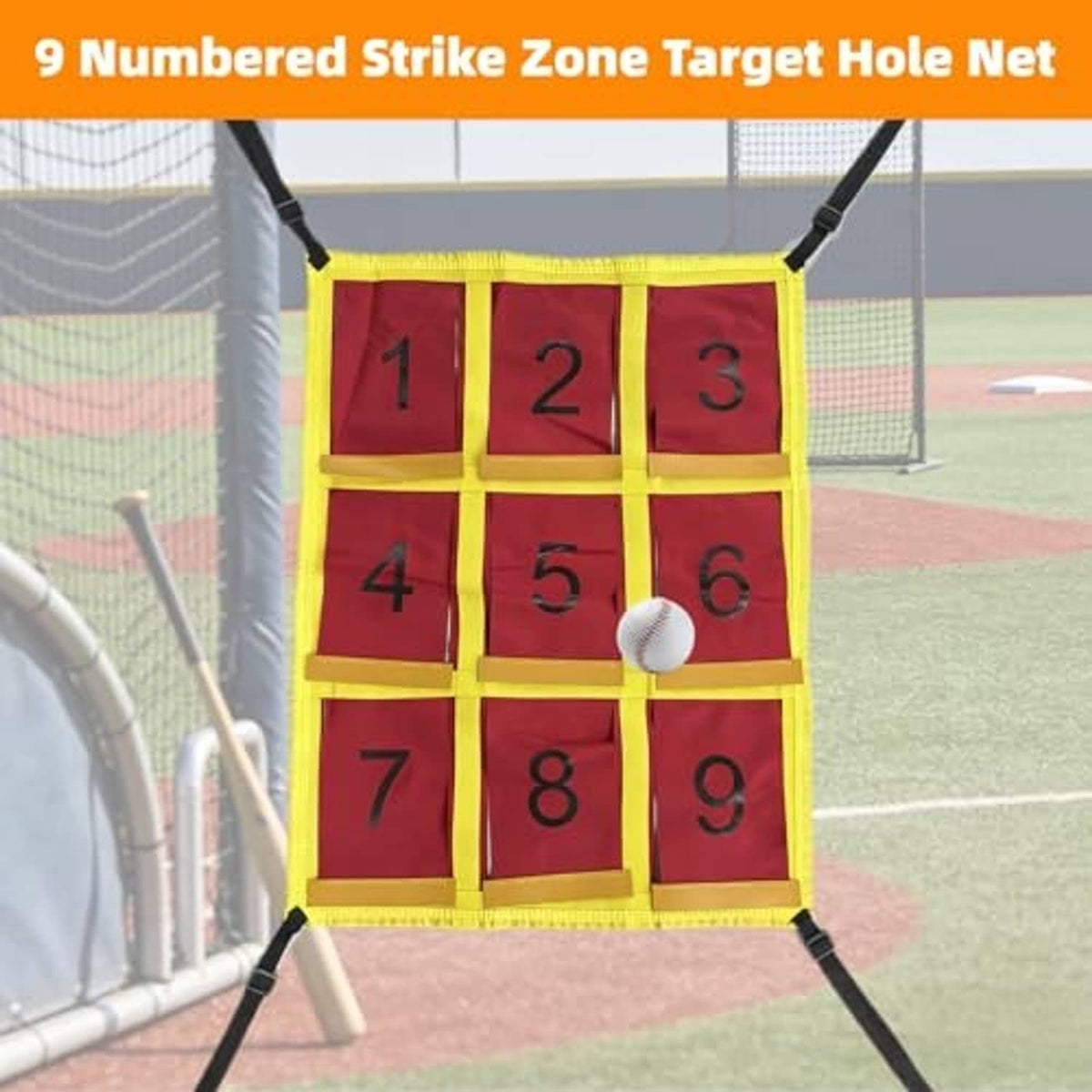 Numbered strike zone target net with 1–9 board and pitching ball on a field