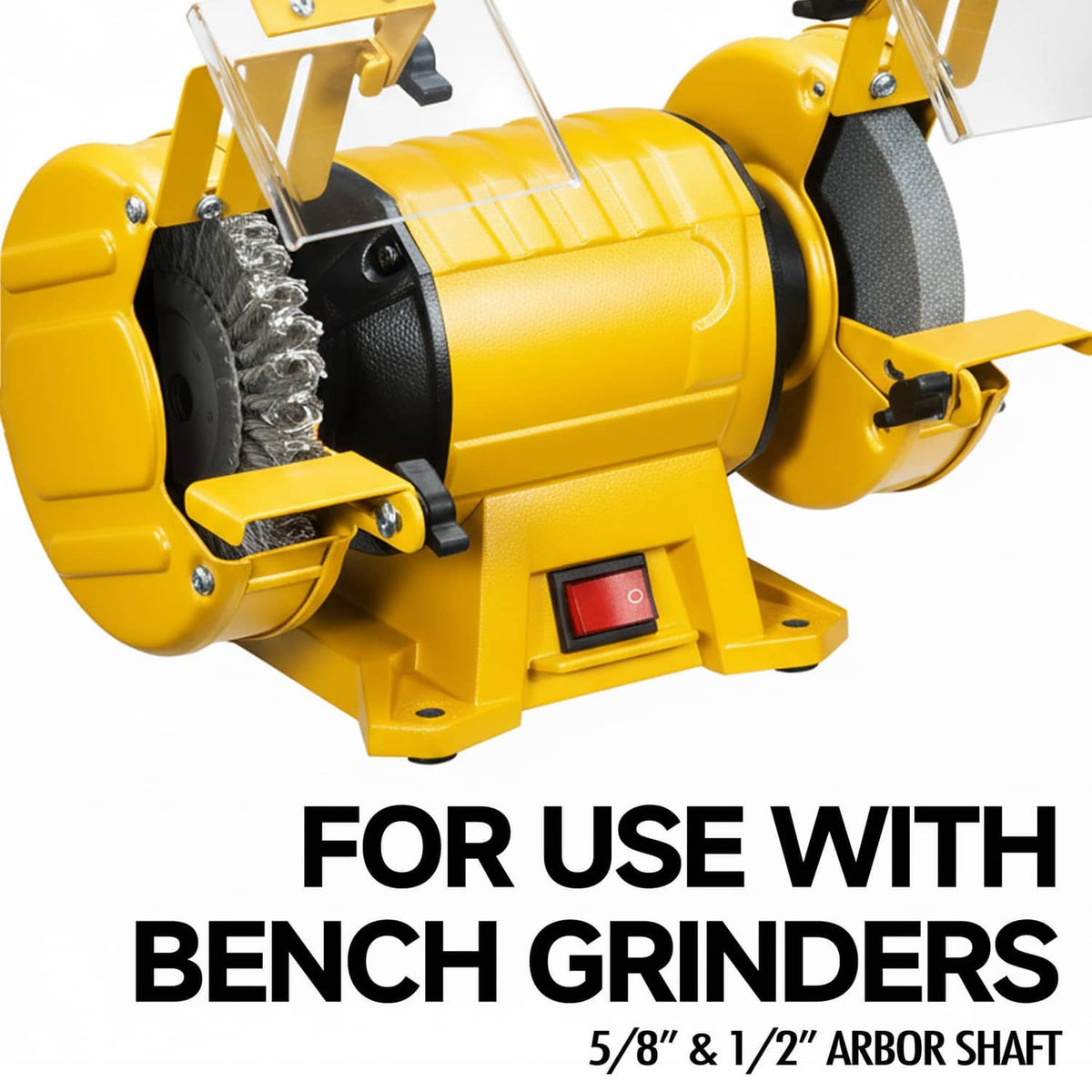 Twisted stainless steel wire wheel mounted on a bench grinder with side guard