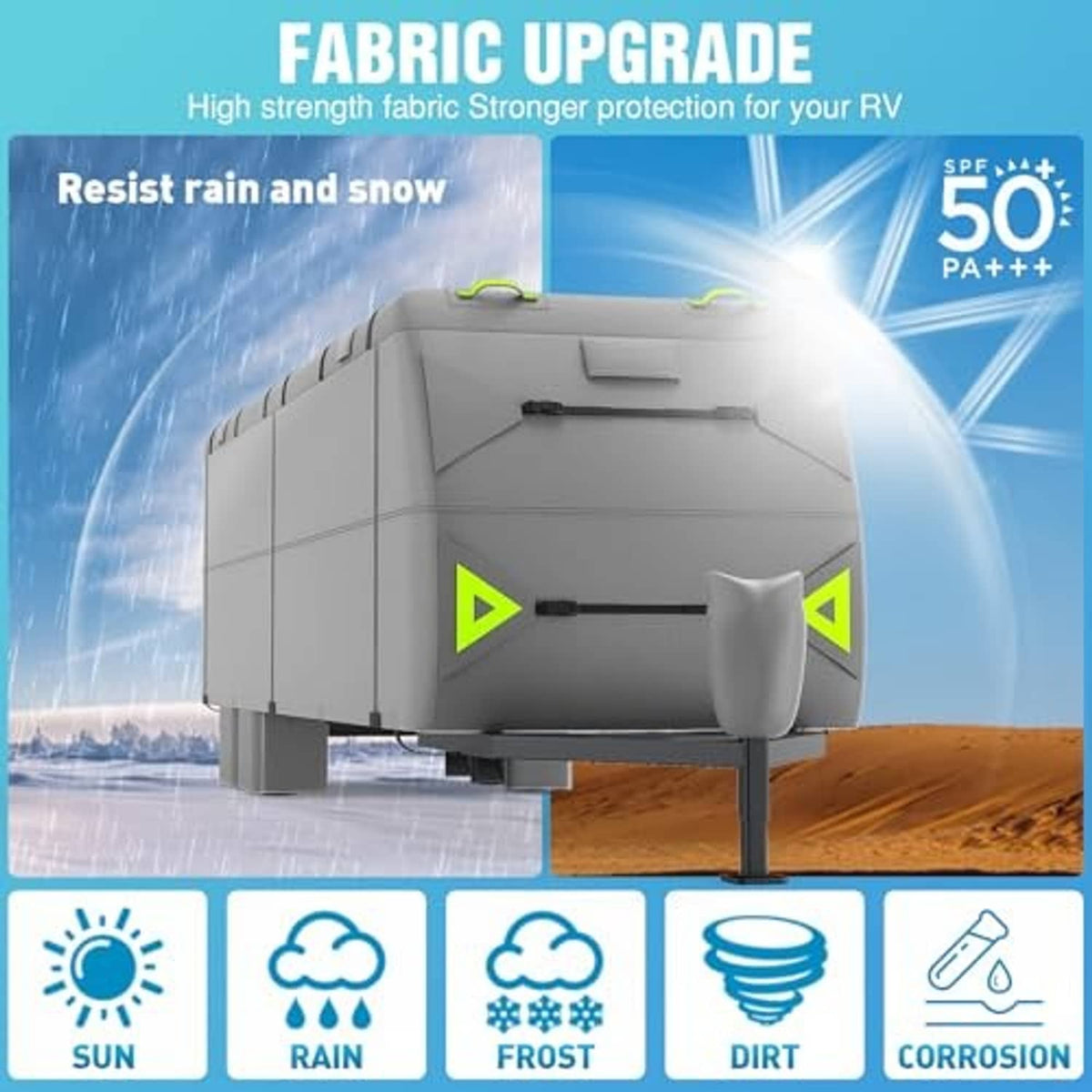 Gray RV cover with water and frost protection graphic and reflective handle detail.