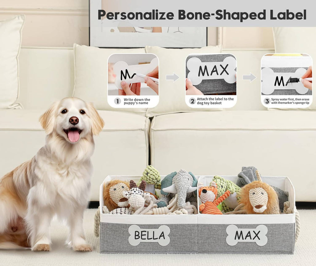 Grey collapsible fabric dog toy basket with plush toys and bone-shaped label panels