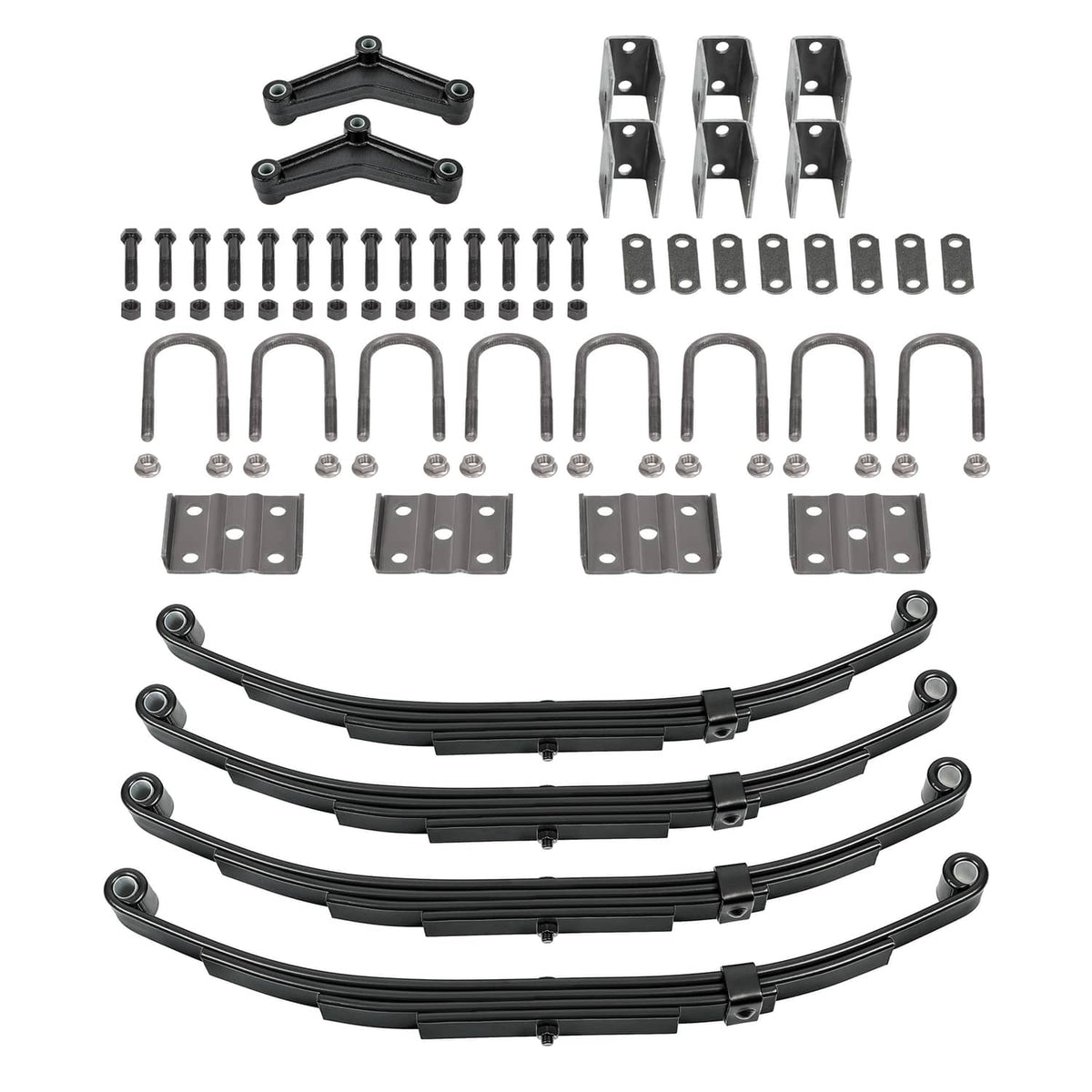 Trailer axle suspension kit with leaf springs, U-bolts, hangers, equalizers, and hardware