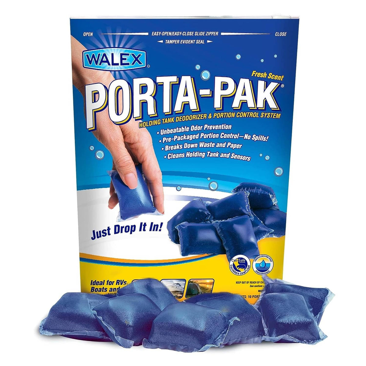 Walex Porta-Pak holding tank deodorizer pouch in hand, blue portion control system