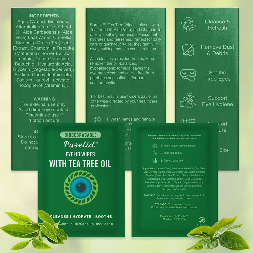 Tea tree eyelid wipes back panel with ingredients text and icons on green cards