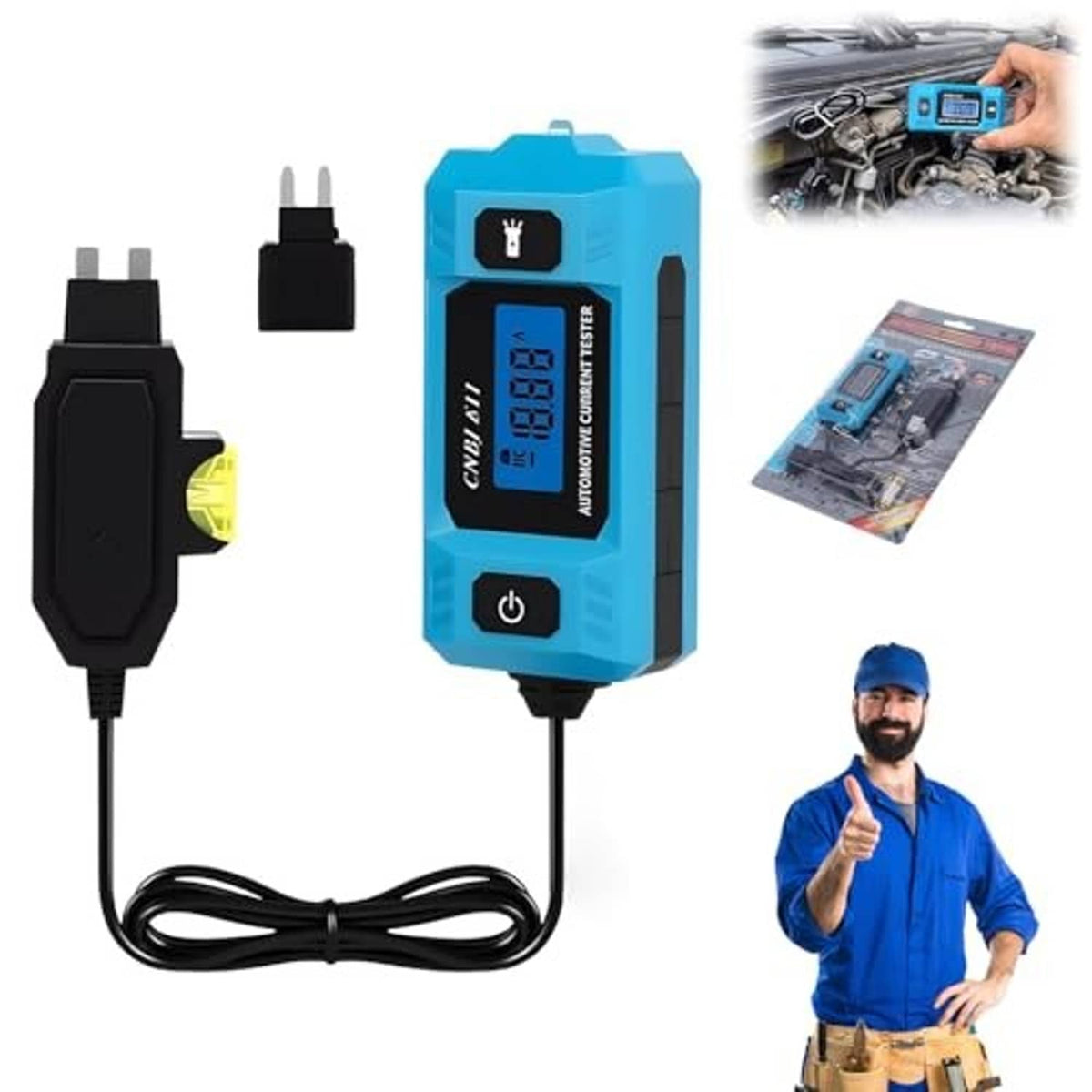 Blue automotive circuit tester with LCD display and two interchangeable fuse adapters