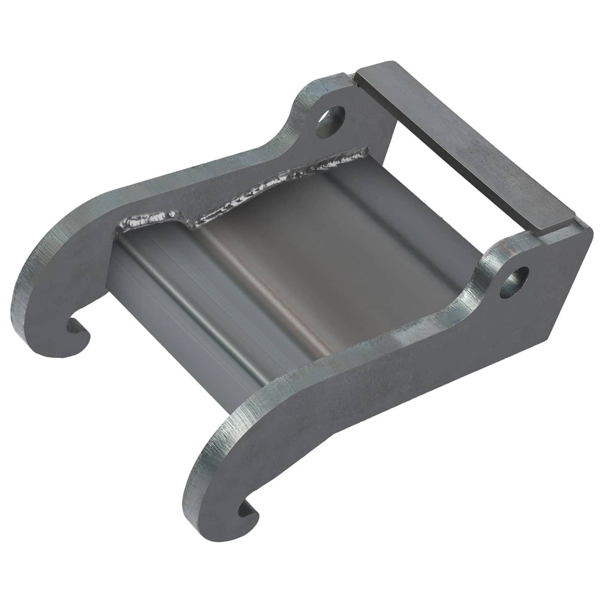 Dark gray excavator coupler bracket with side fork ends, bolt holes, and ribbed interior