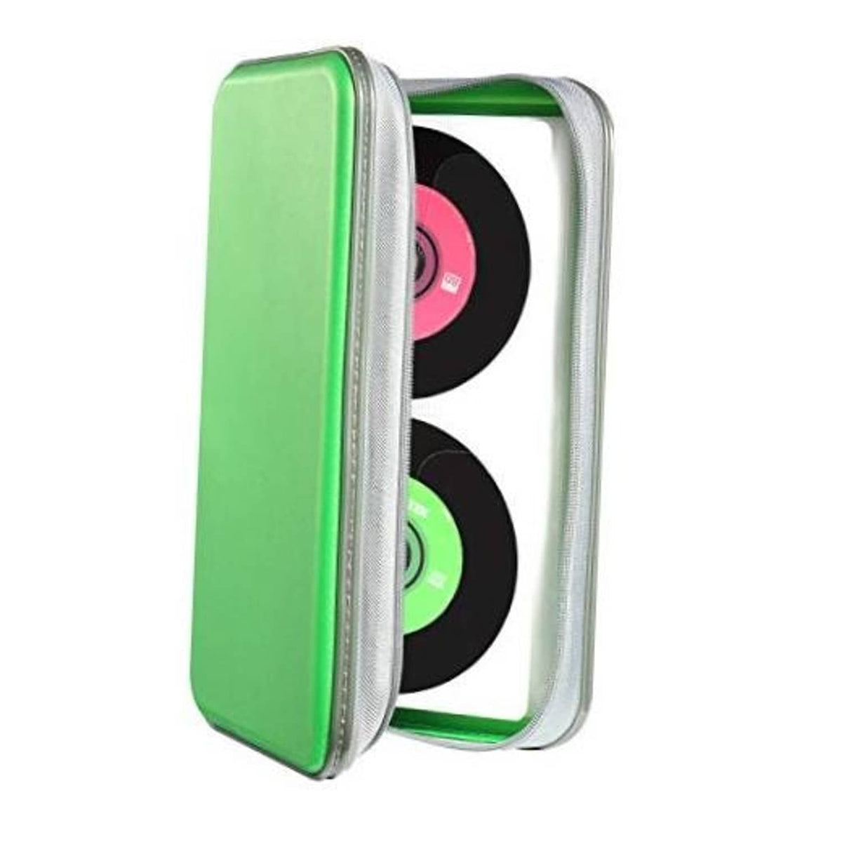 Green hard plastic CD case with clear window and hinge, holding two stacked discs