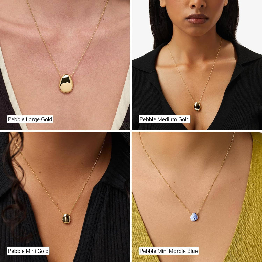 Gold-plated pebble pendant necklaces on model, small and medium oval pendants
