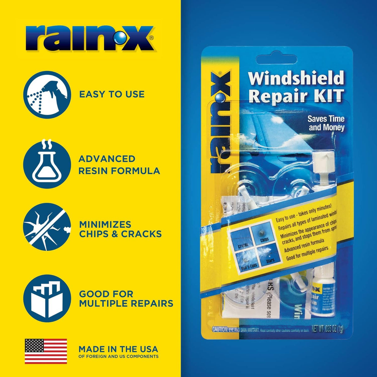 Rain-x windshield repair kit box with feature icons for chips and cracks