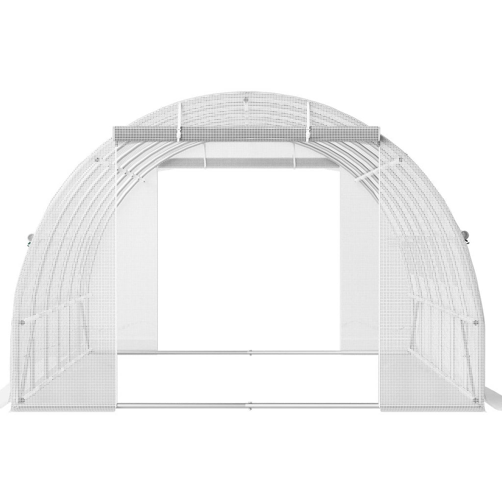 Tunnel greenhouse front opening with white cover and arched galvanized frame