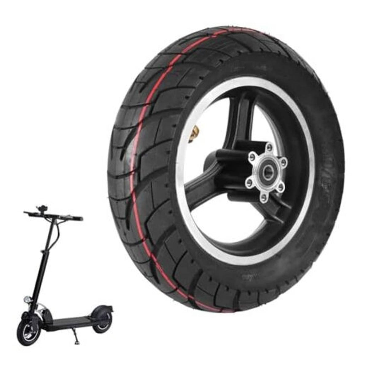 10-inch road scooter tire with hub, black rubber with red tread lines