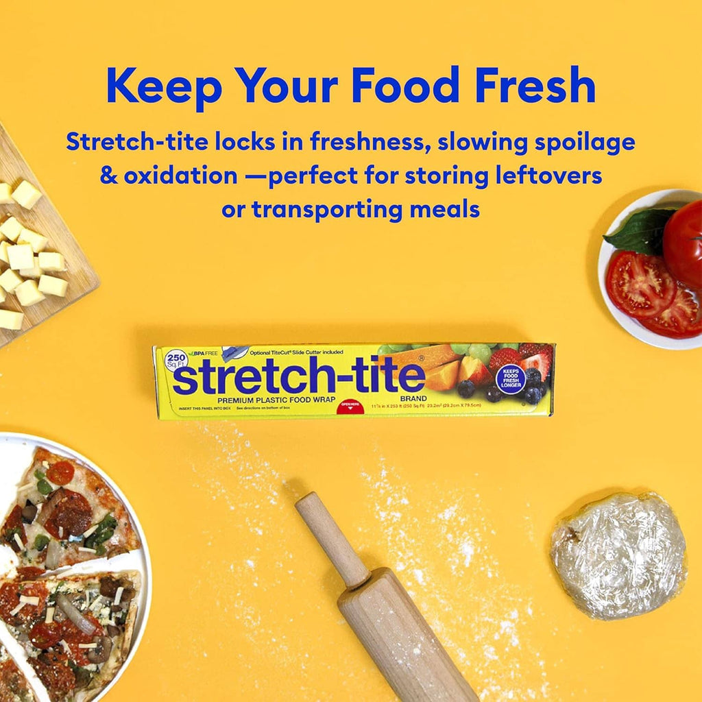 Stretch-tite plastic food wrap pack with dispenser and wrap rolls shown