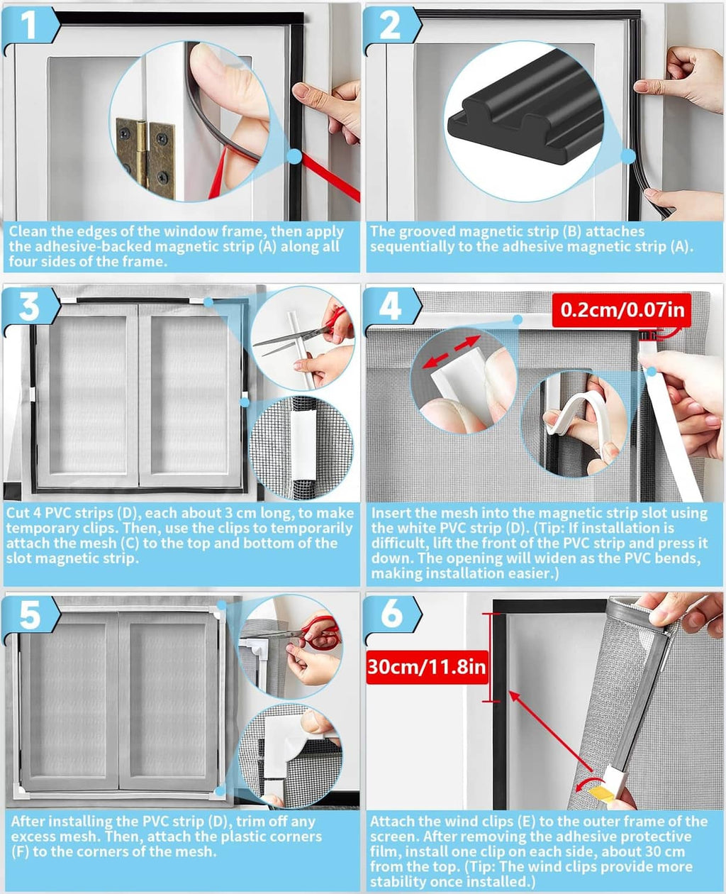 Magnetic window screen installation steps with black frame, mesh, and adhesive strips