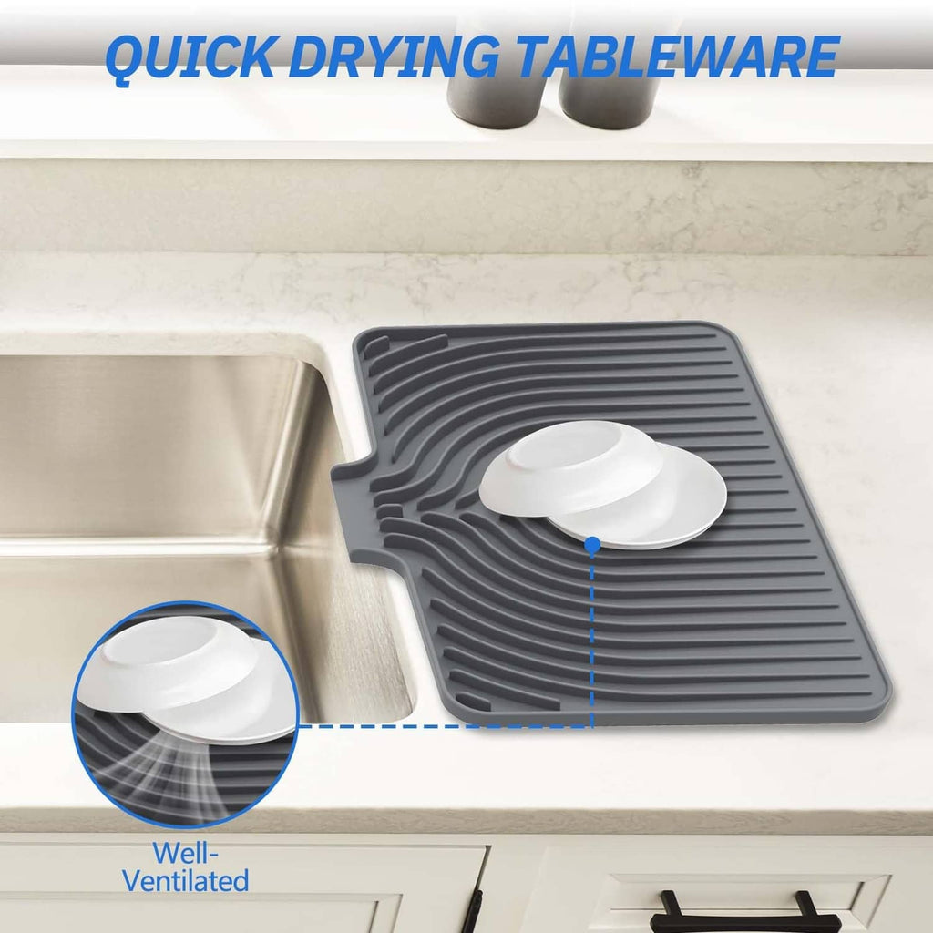 Gray dish drying mat with ribbed channels and ventilated design for faster drying