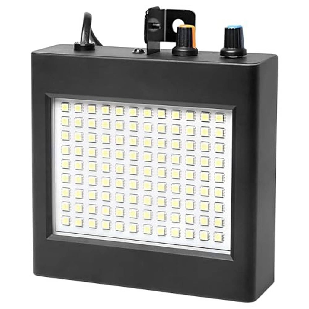Black LED strobe light front view with white LED panel and three top bulbs