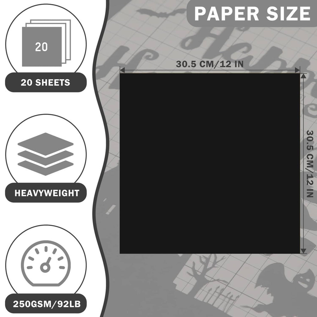 Black 12"x12" cardstock sheets, pack indicating 20 sheets and paper size.