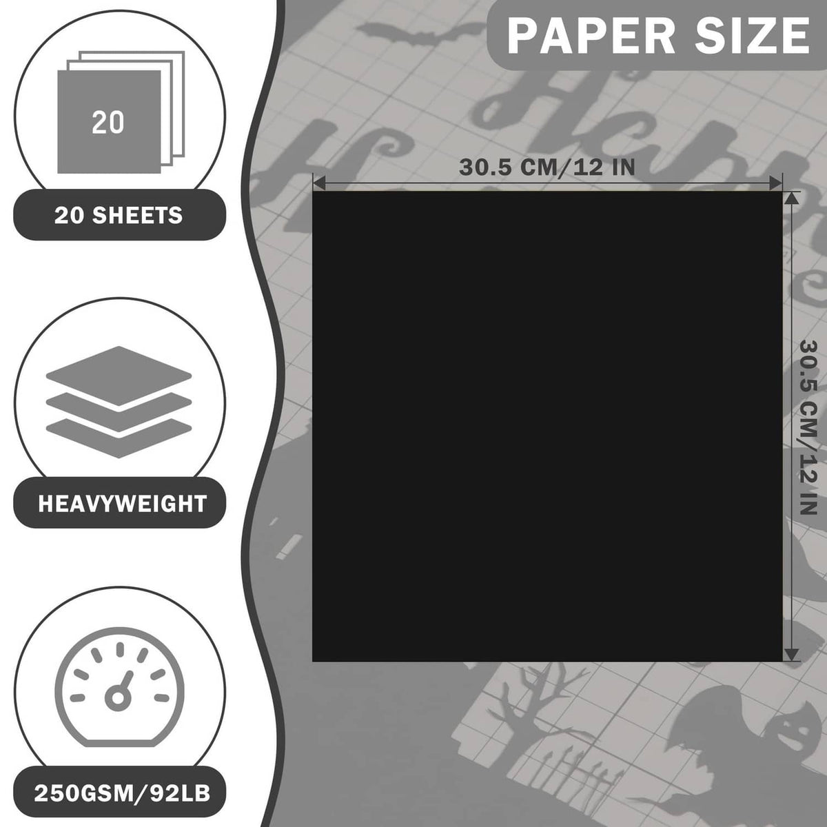 Black 12"x12" cardstock sheets, pack indicating 20 sheets and paper size.