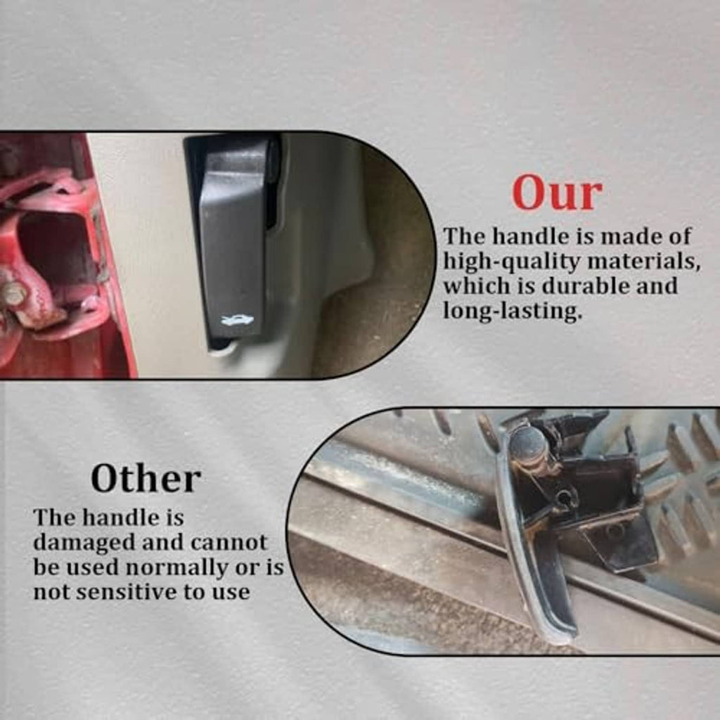 Black hood release pull handle with hood icon, close-up inset of handle base