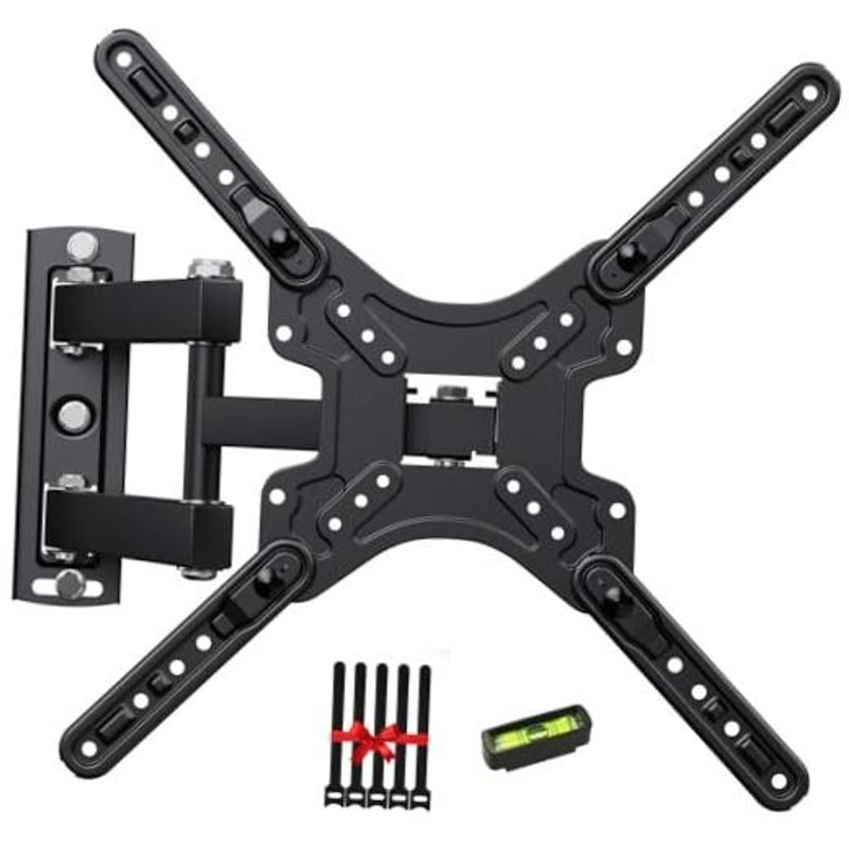 Full-motion TV wall mount bracket, black, with long mounting arms and hardware pieces