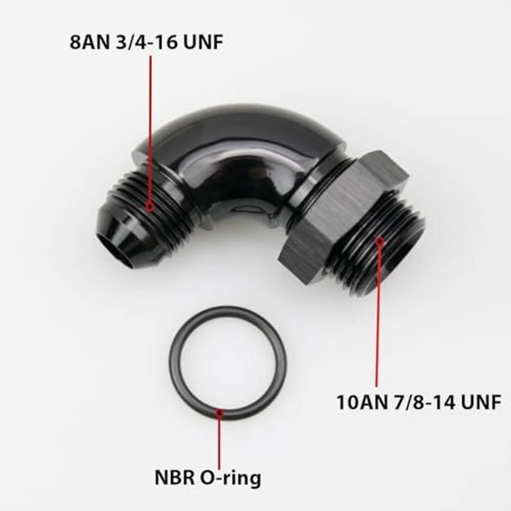 Black 90-degree elbow AN ORB fitting with NBR O-ring; UNF thread sizes shown