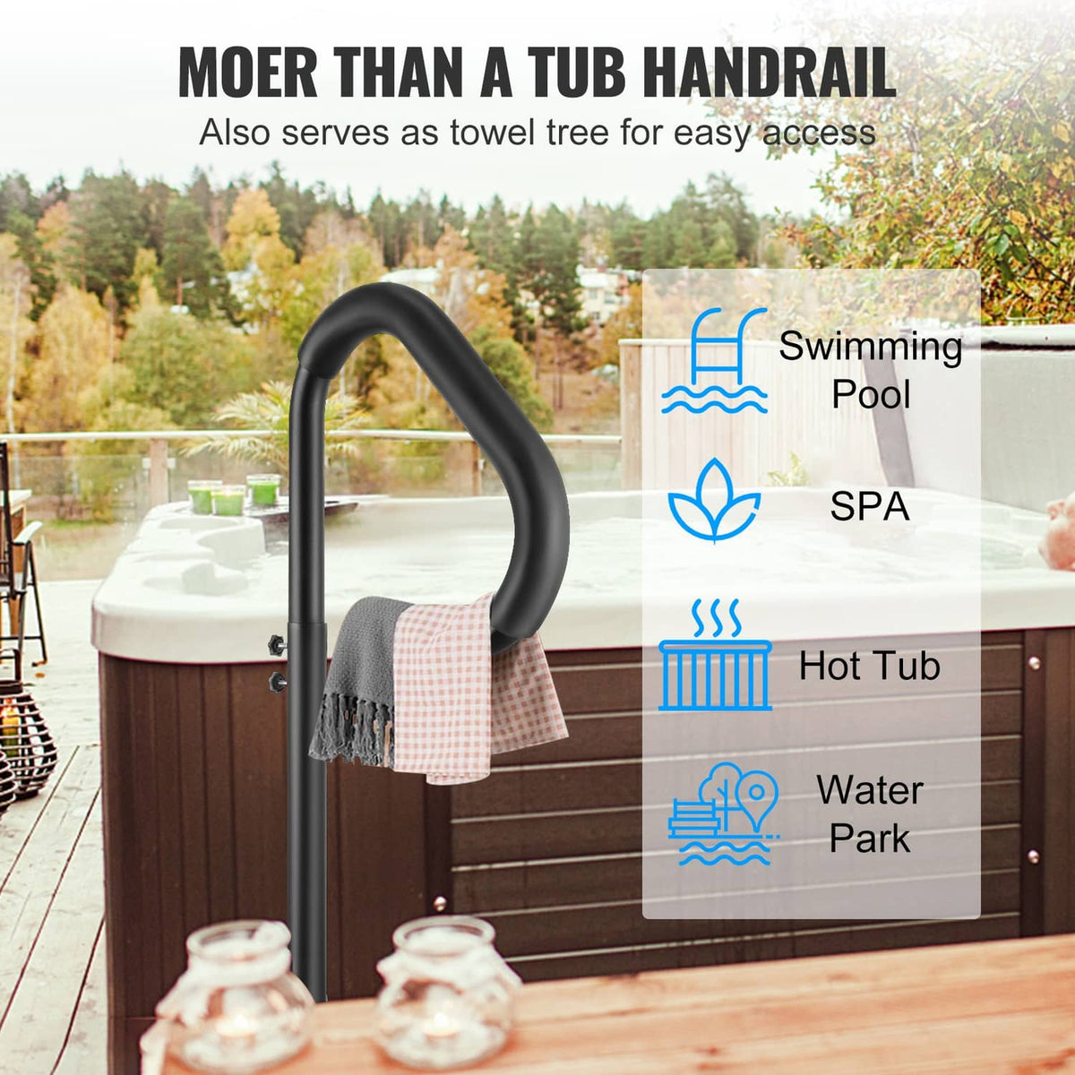 Black hot tub handrail with curved handle and towel-style accessory over the rail