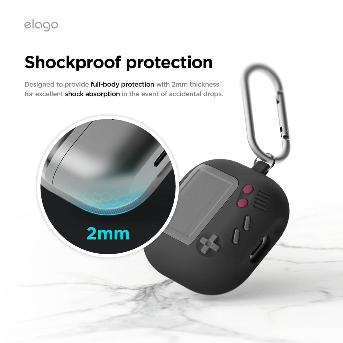 elago black silicone earbud case with carabiner clip and shockproof 2mm panel