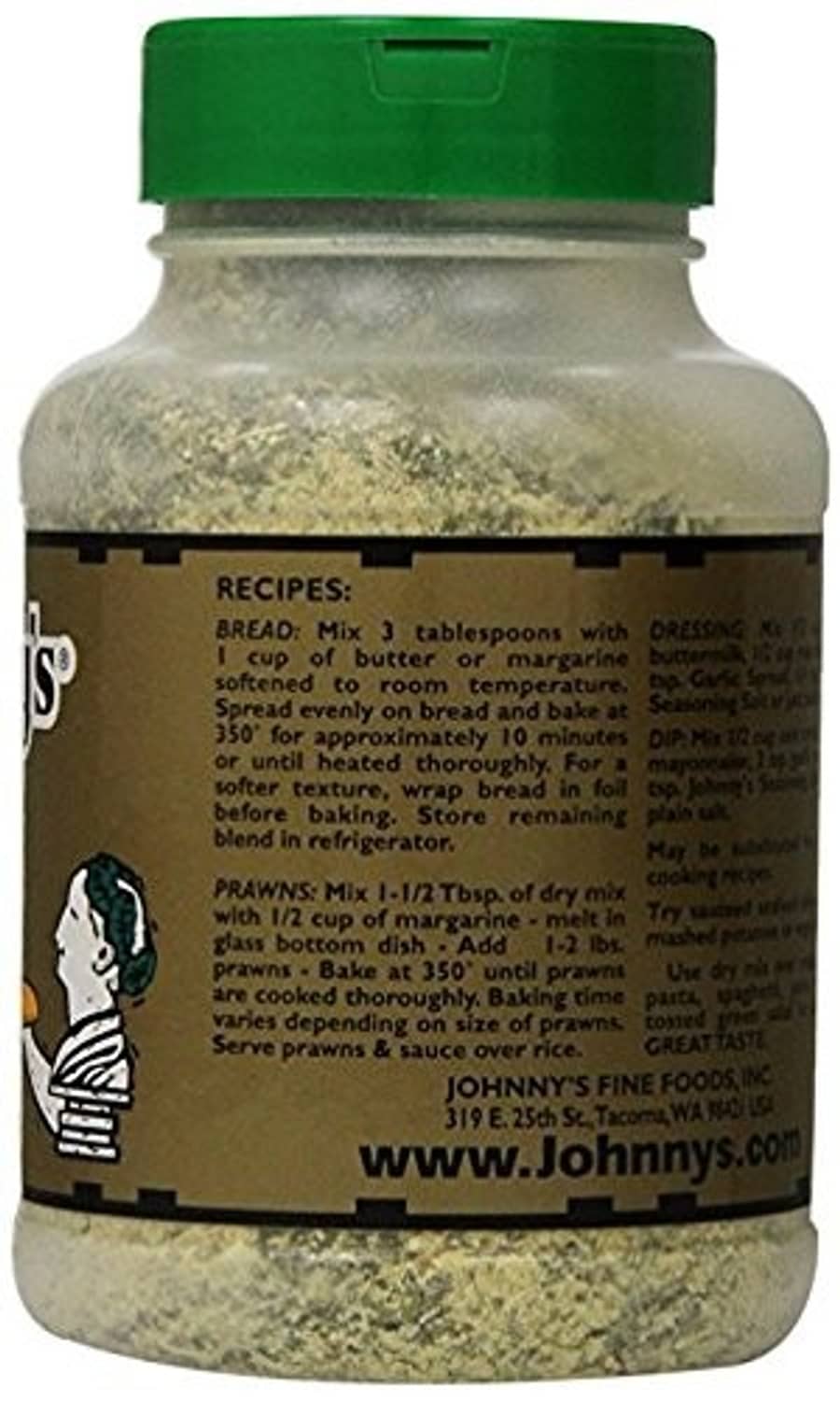 Garlic spread seasoning bottle back label with green cap and serving directions