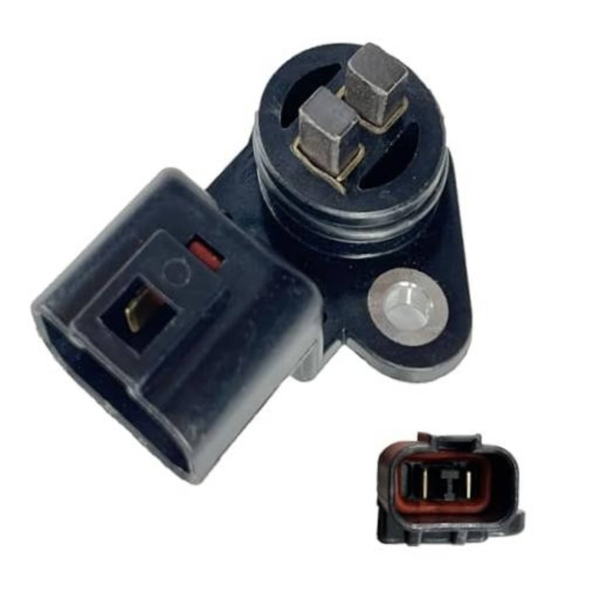 Camshaft position sensor with black plastic body and electrical connector, metal terminal