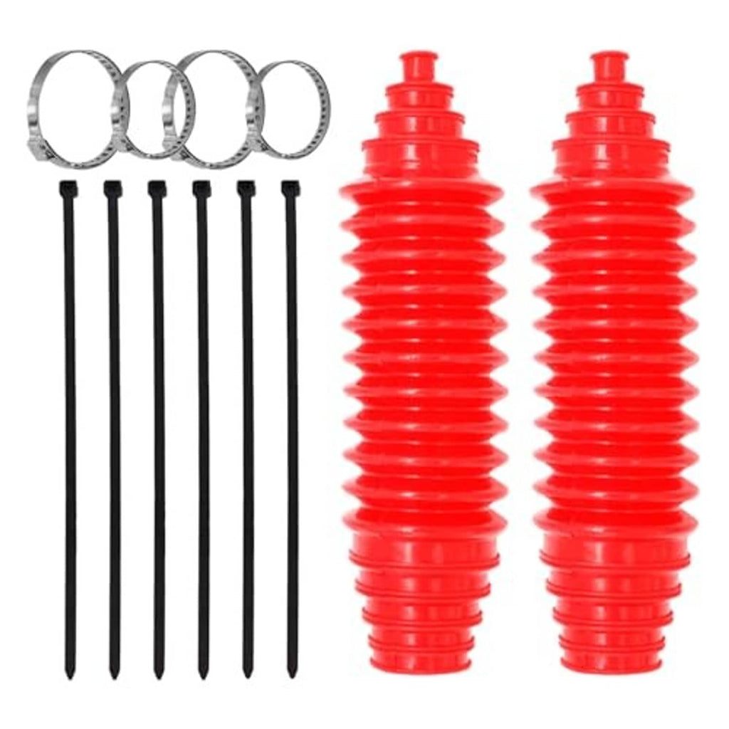 Universal steering rack boot kit with two red bellows, multiple metal clamps, and black ties
