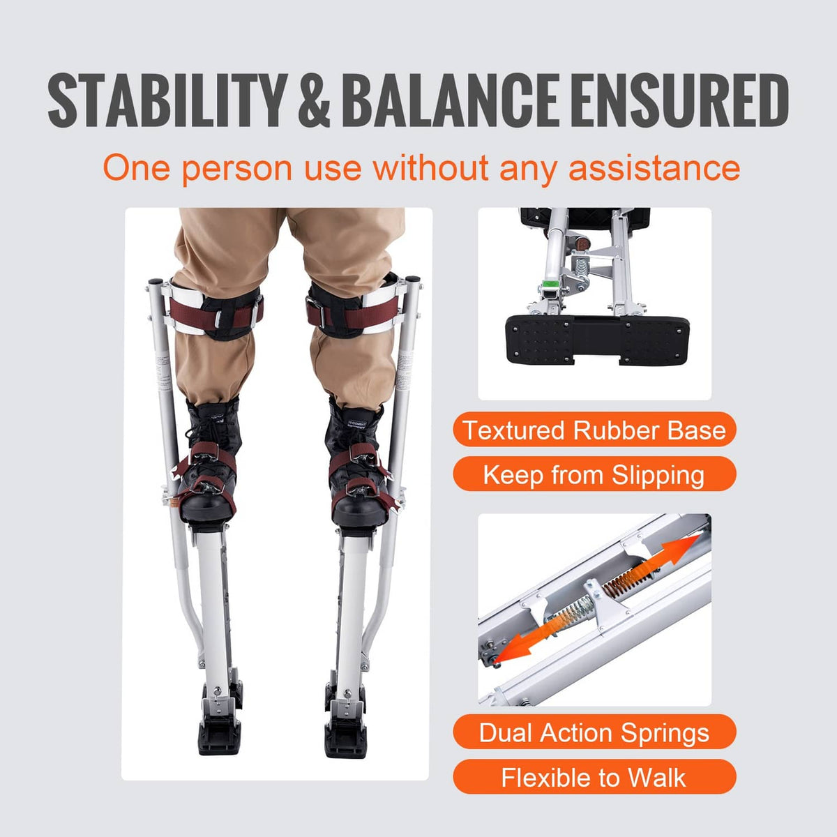 Drywall stilt pair with knee straps and textured rubber base feet for stability