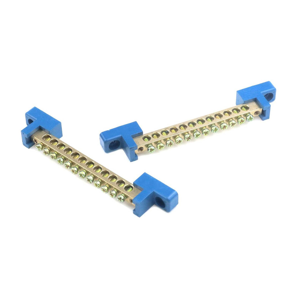 Brass terminal block with blue end supports, showing two angled rows of screw terminals