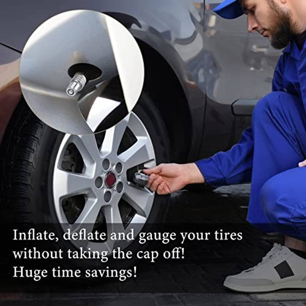 Mechanic inflating tire with valve cap installed; double valve stem caps help seal