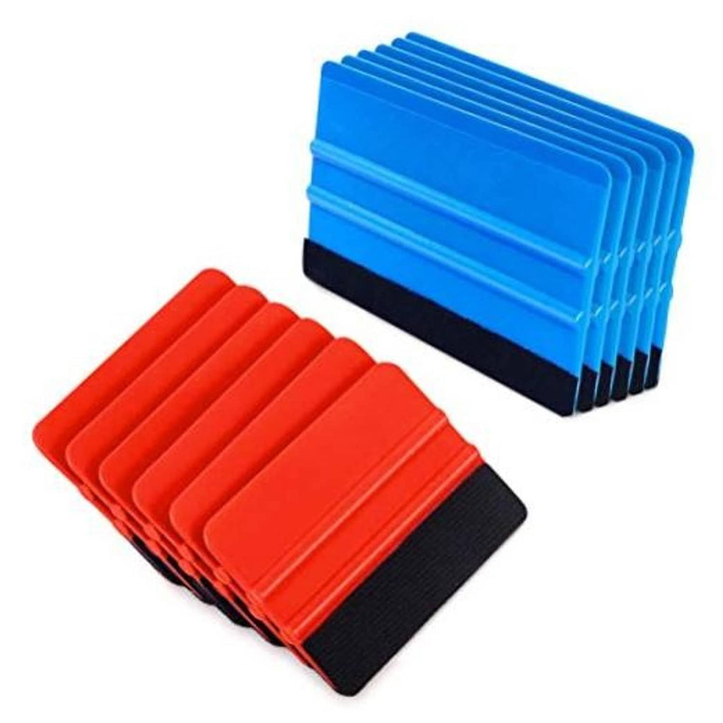 Set of vinyl edge squeegee scrapers with blue and red tools and black felt pads