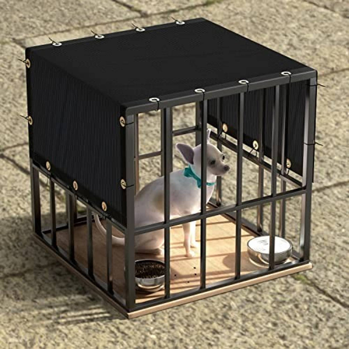 Black shade cloth cover with grommeted corners on a dog kennel frame