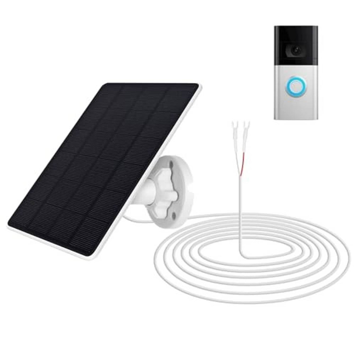 Solar panel charger set with black panel, white wall mount, and long charging cable