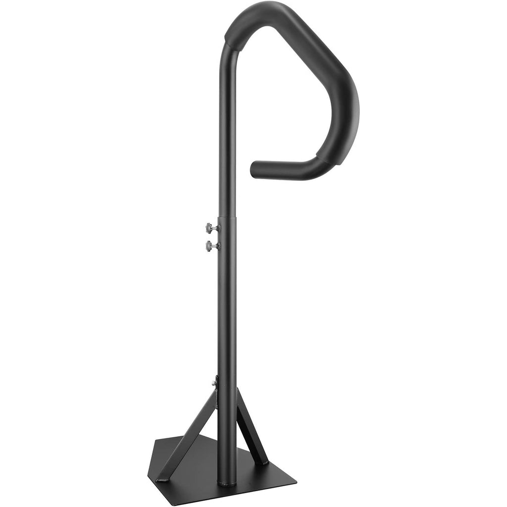 Black hot tub handrail with curved grip and flat base plate for side mounting