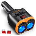 Black-and-orange Aeeneku car USB charger with dual blue ports and LED voltmeter display