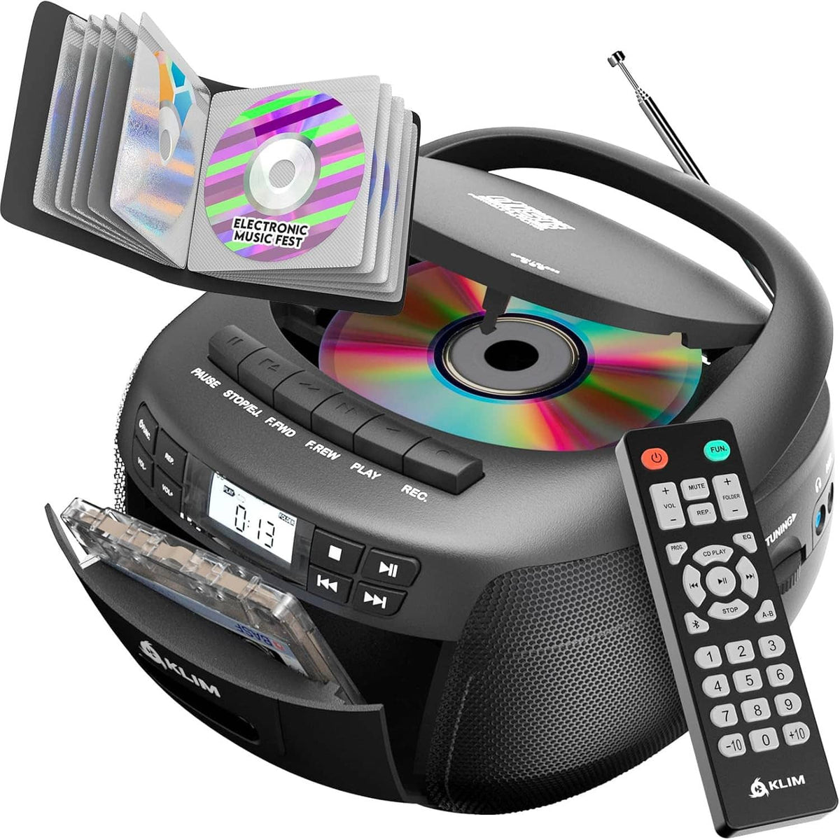 Portable boombox with open cassette deck and colorful CD, black speaker body and remote