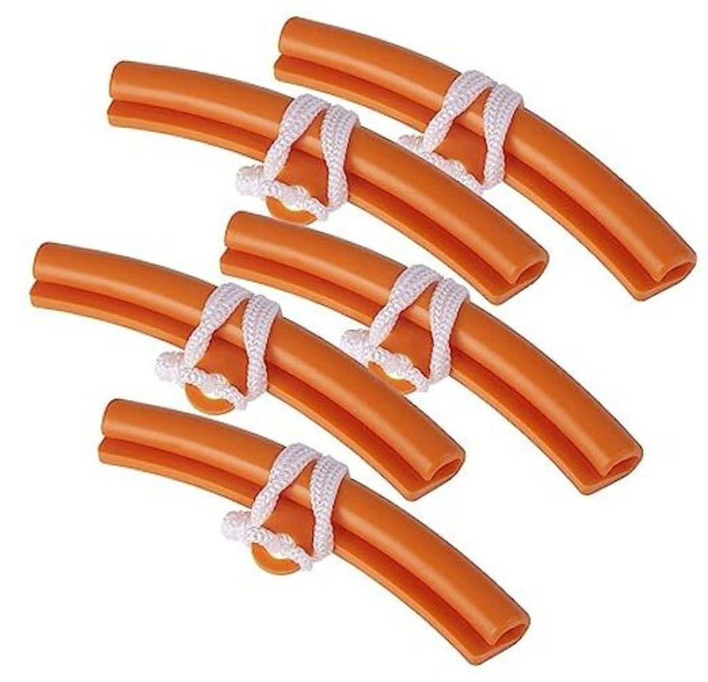Orange rubber wheel rim protectors set with white lanyard ties, curved edge guards