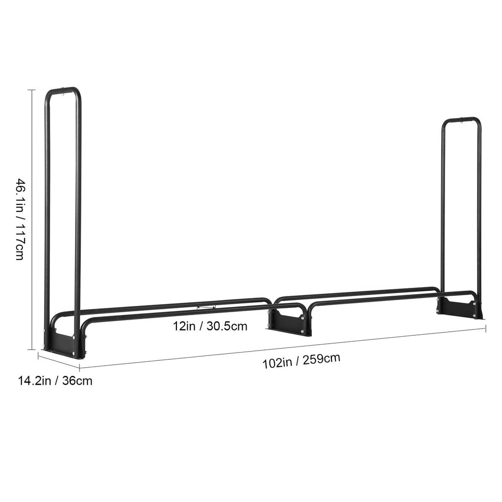 Firewood rack frame with black legs and handles, long rectangular outline