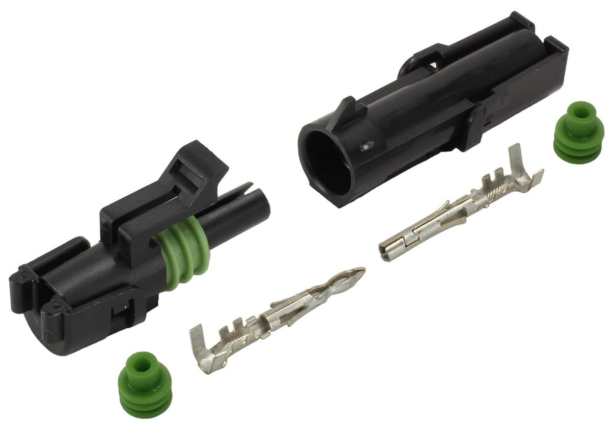 Weather Pack 1-pin connector kit with black housing, green seals, and metal terminals