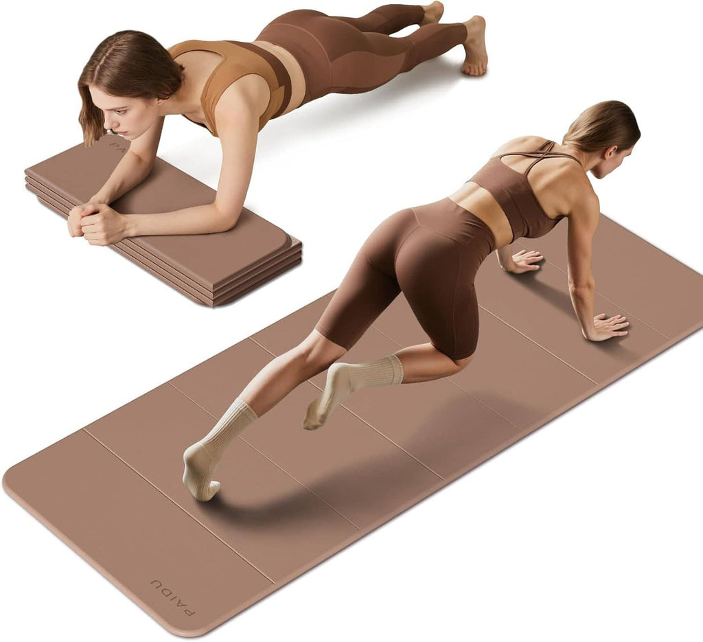 Foldable extra-thick yoga mat, taupe/brown color, non-slip surface for floor exercises