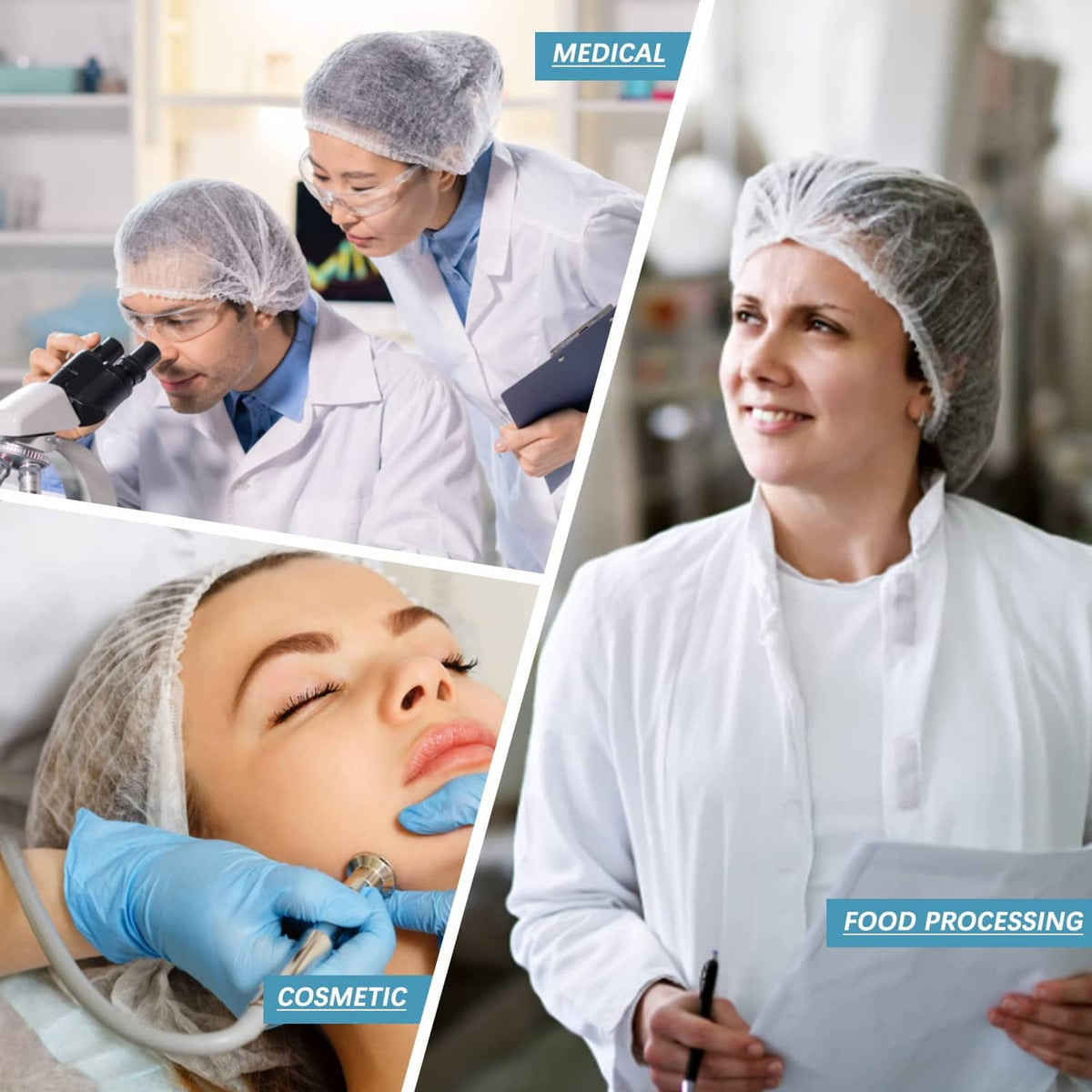 Disposable gray bouffant caps on multiple workers, elastic hair covers