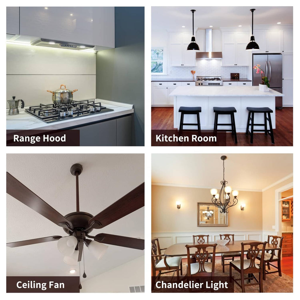 LED light bulb in home fixtures collage: range hood, kitchen room, fan, chandelier