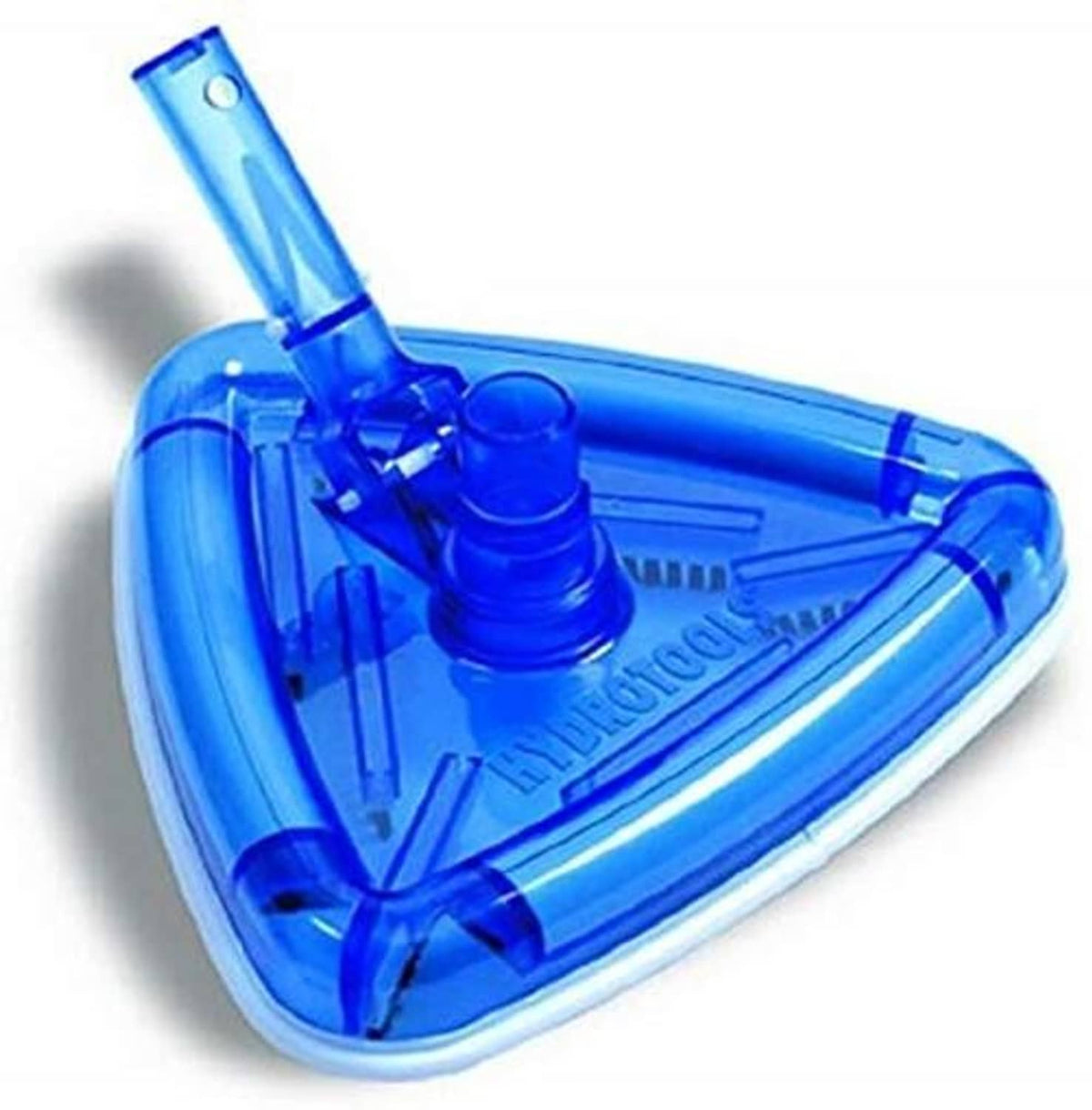 Transparent blue weighted pool vacuum head with corner brush and hose port