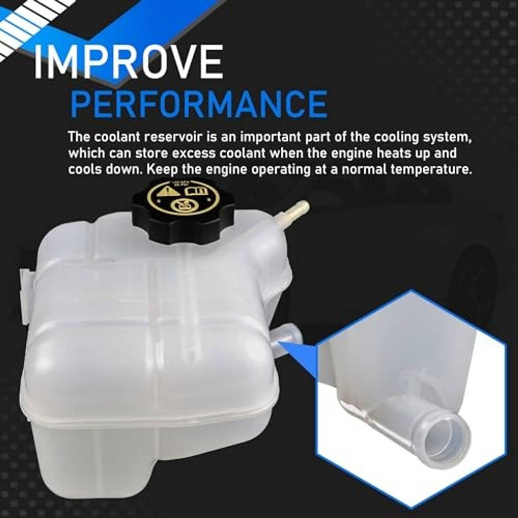 Engine coolant overflow reservoir tank with cap and outlet nozzle, translucent white