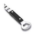 Black and stainless can punch bottle opener with curved blade and hole pins