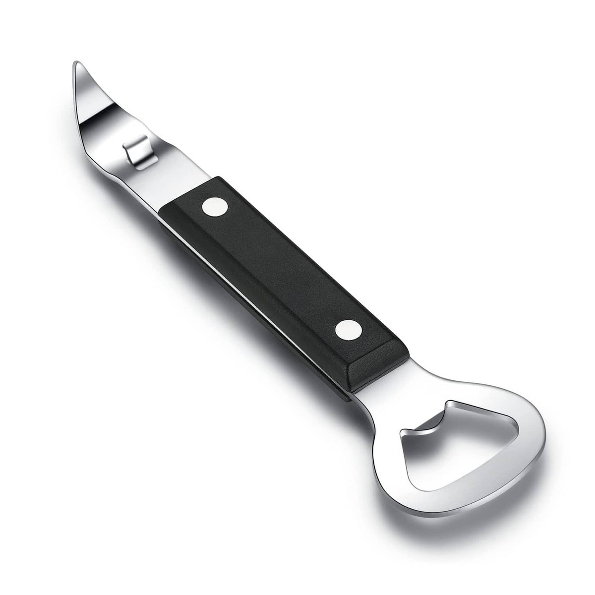 Black and stainless can punch bottle opener with curved blade and hole pins