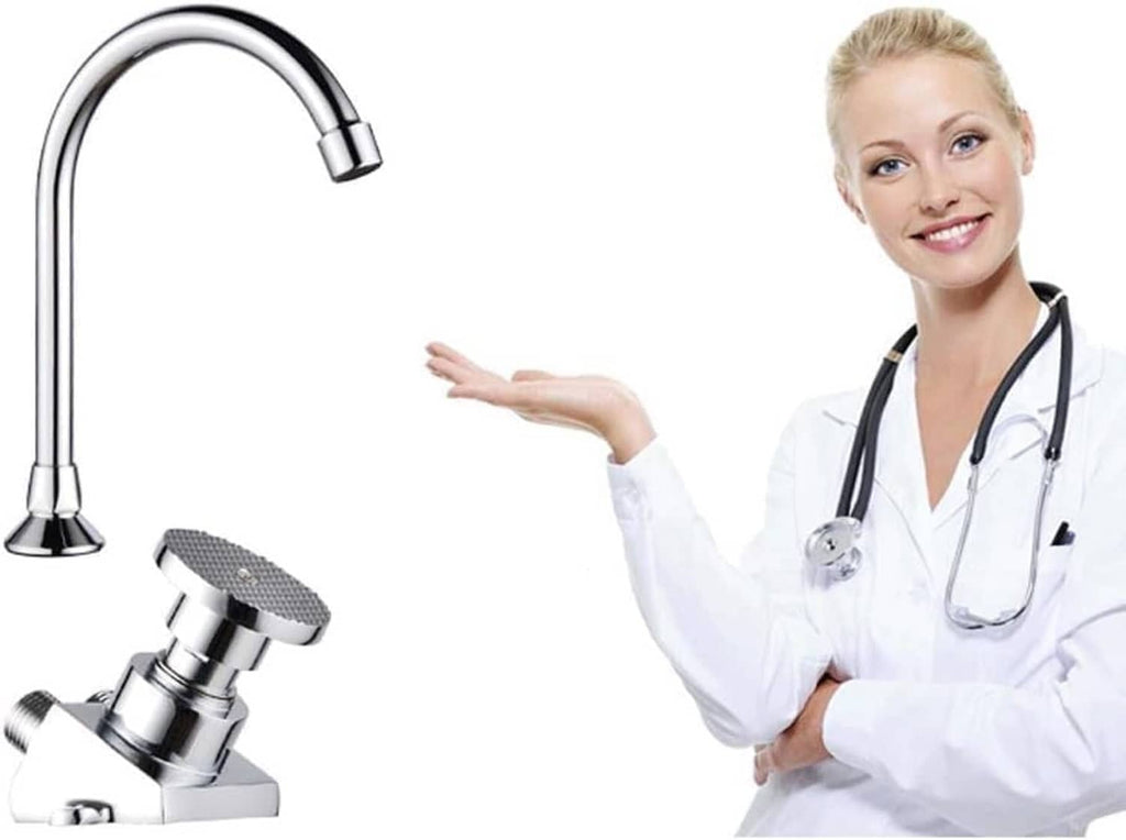 Hands-free foot pedal faucet with chrome spout and textured grey pedal valve