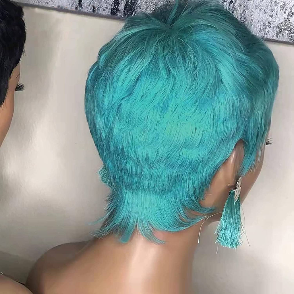 Fchw-wig short teal synthetic wig back view with layered nape-length cut